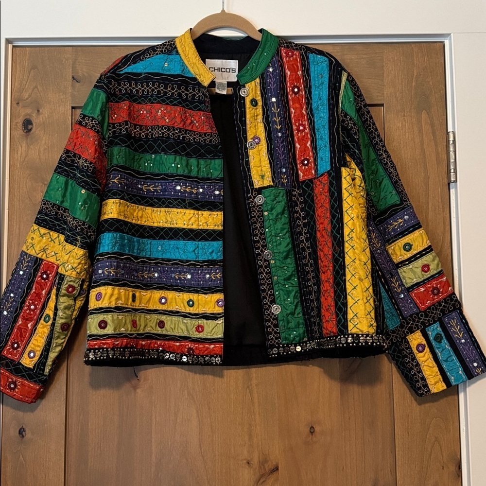 Chico's Jewel Crop patchwork Jacket Womens 2/L sequins embroidery Satin Quirky